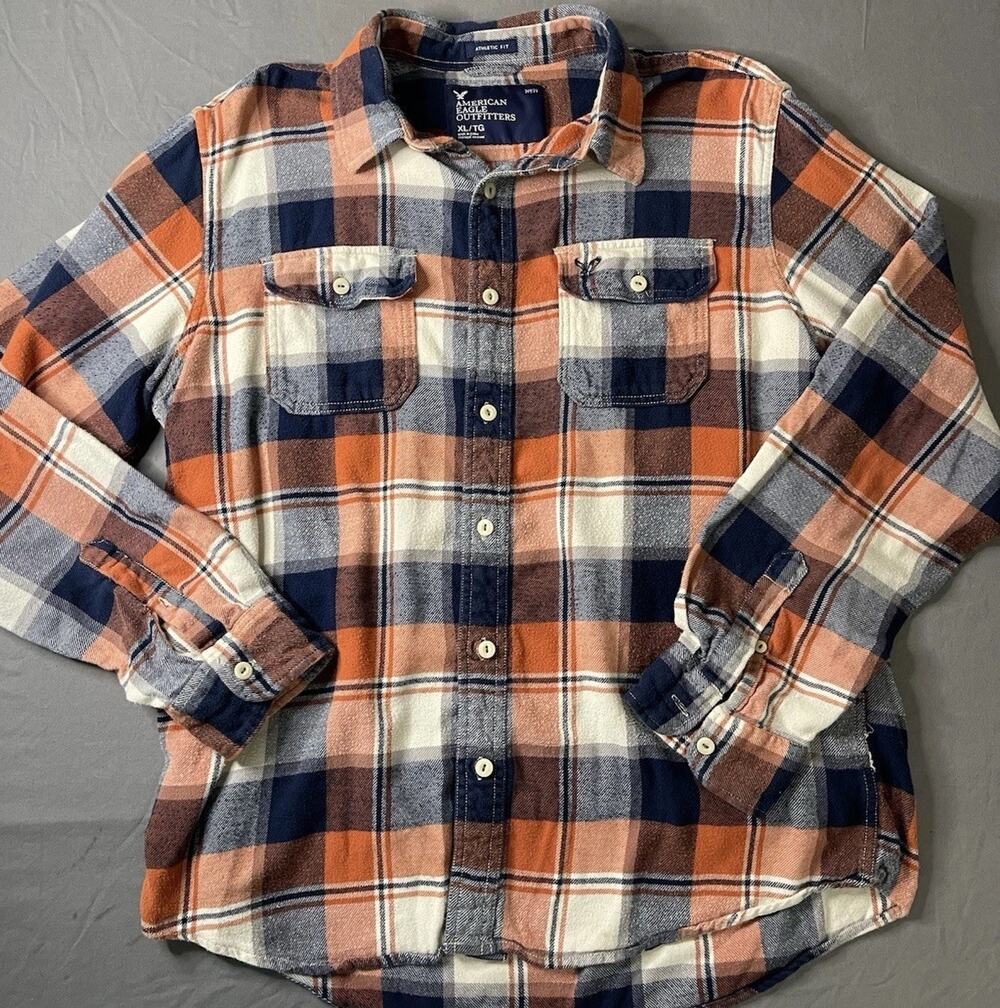 American Eagle Men’s XL Plaid Flannel Shirt Orange Navy White Button Up Great